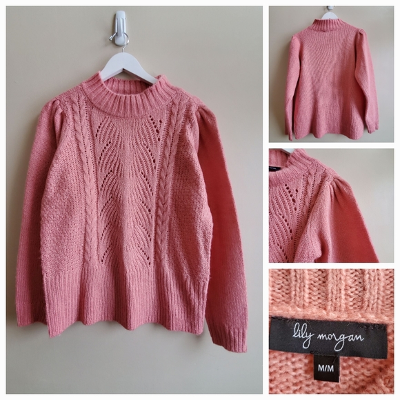 Lily Morgan pink sweater with little puff sleeves, romantic sweater M - Picture 1 of 7